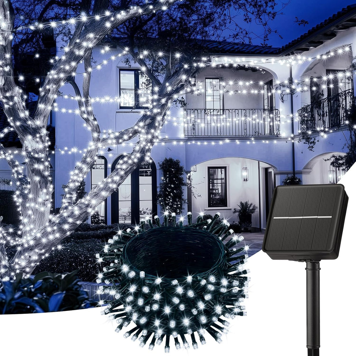 50Ft 120 LED Solar String Lights with 8 Modes for Wedding Party Decor, Pure White