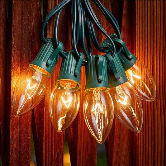 100FT Plug in 100 C9 Clear Bulbs Bright & Warm Christmas String Lights for Home Decor, Green Wire