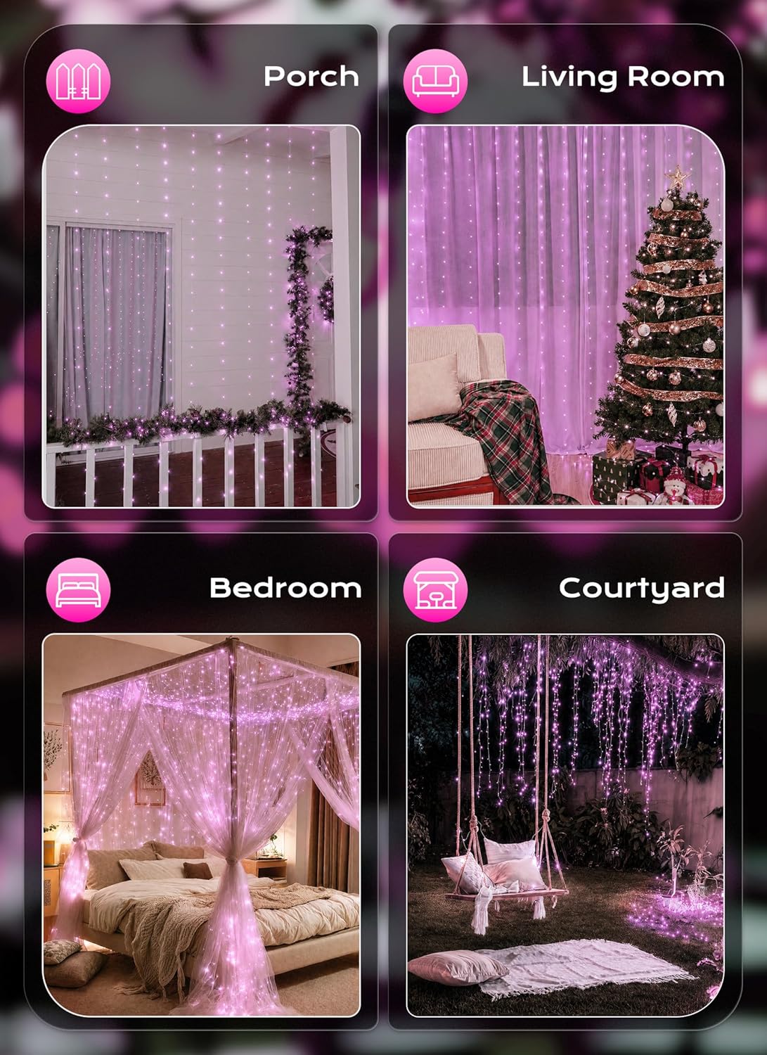 300 LED USB Powered Dimmable Window Curtain Lights with Remote, Pink