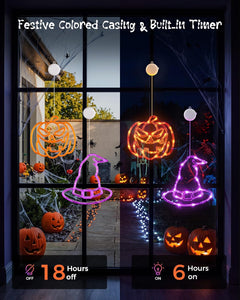 3 Pack Battery Operated Halloween Windows Lights with Timer, Pumpkin, Ghost, Hat