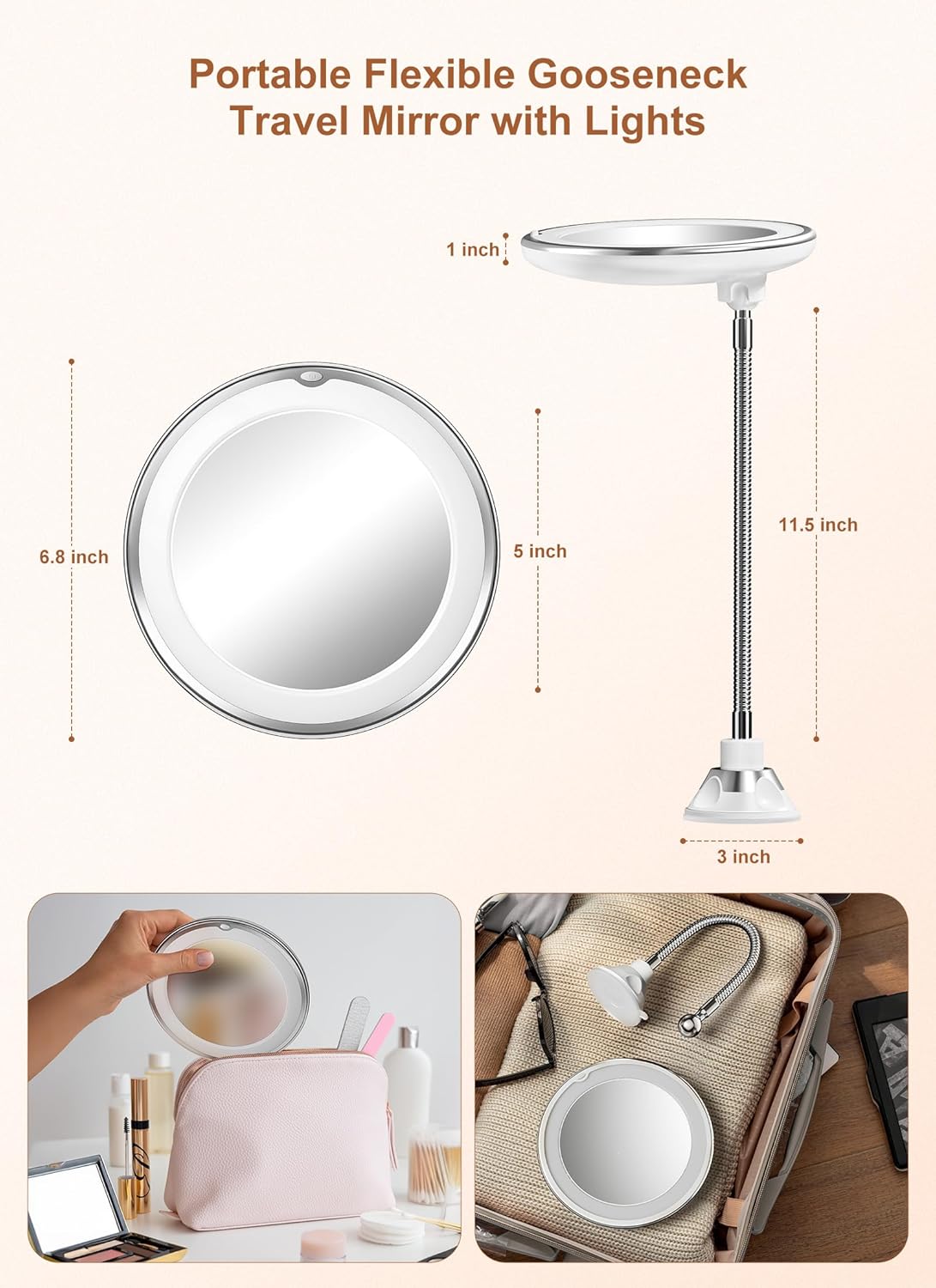 Makeup Mirror Lights with Gooseneck Mirror, 10x Magnifying