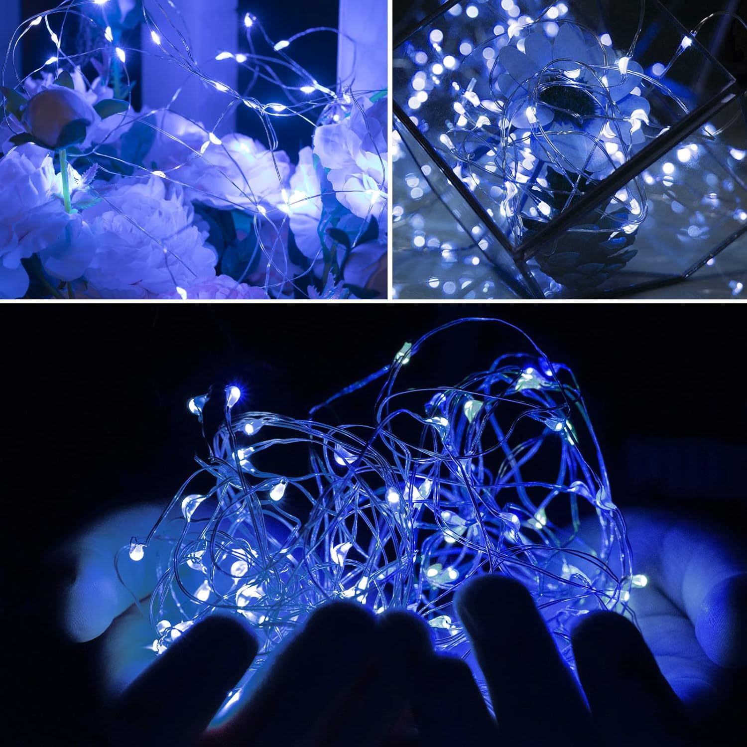 12 Pack 7FT 20 LED Battery Operated Silver Wire Firefly Starry Moon Lights for DIY Crafts, Blue