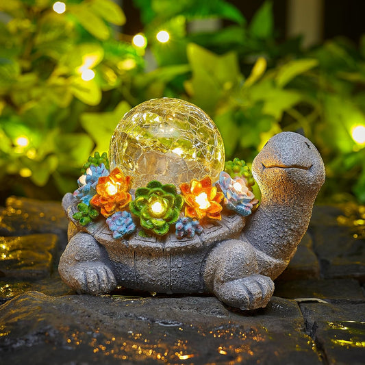 Solar Powered Turtle Statue with 5 Succulent LED Lights for Garden Backyard Decor