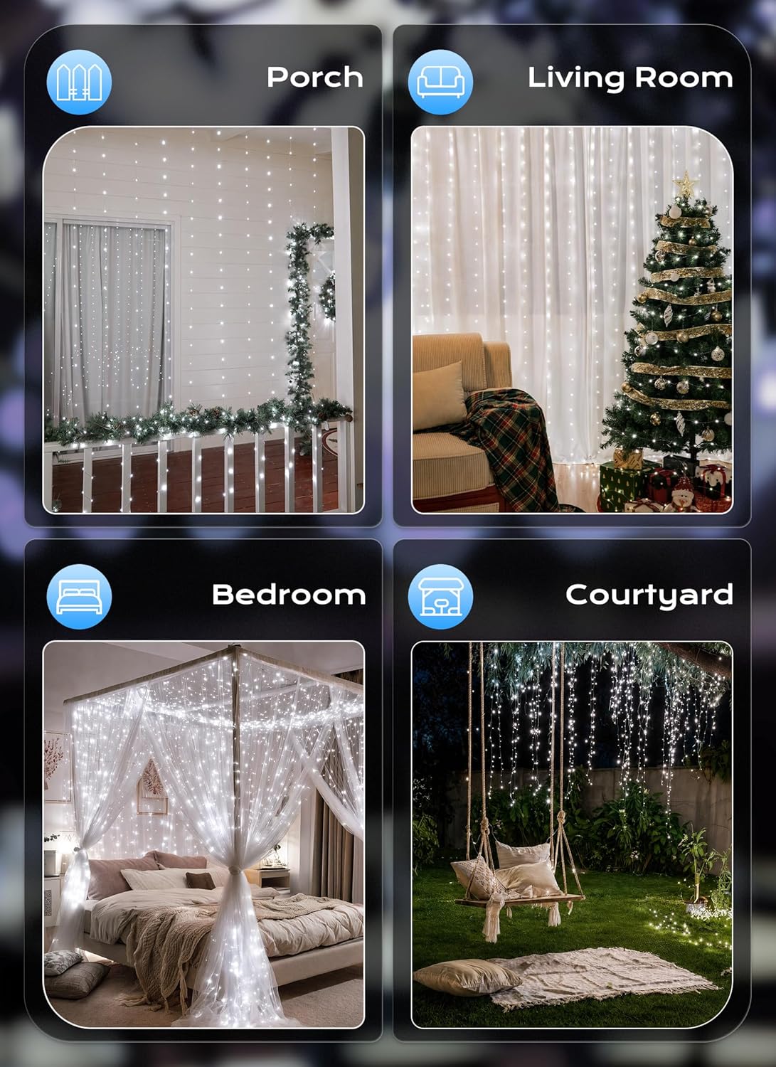 300 LED USB Powered Dimmable Window Curtain Lights with Remote, White