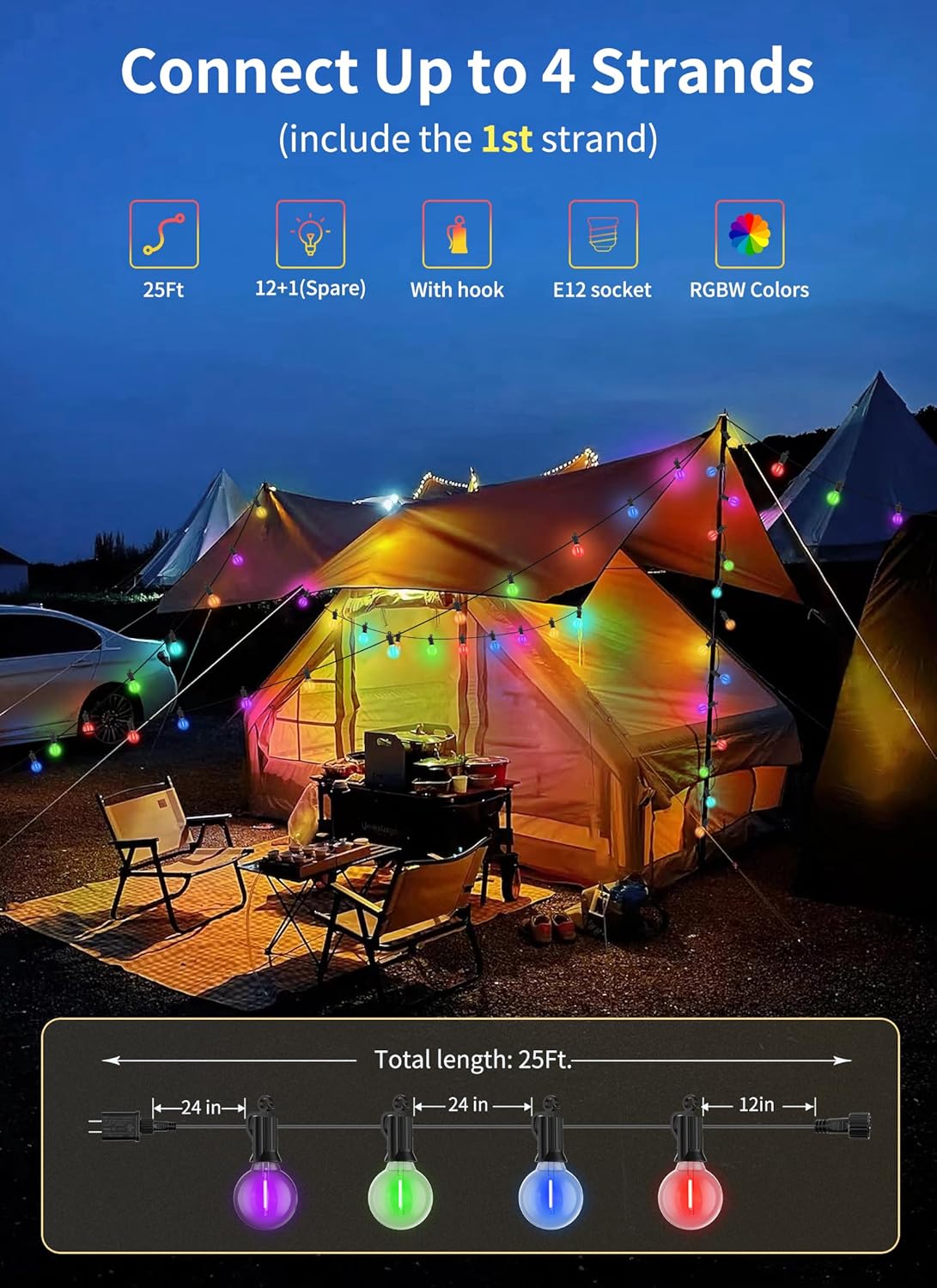 29ft Plug In RGBW G40 12 LED Bulbs String Lights for Patio Garden Cafe Wedding Deck