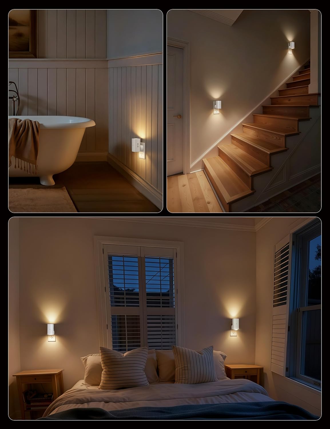 2 Pack White Plug in Night Lights with Rotating Plug & Light Sensor for Bathroom Bedroom, Warm White Light