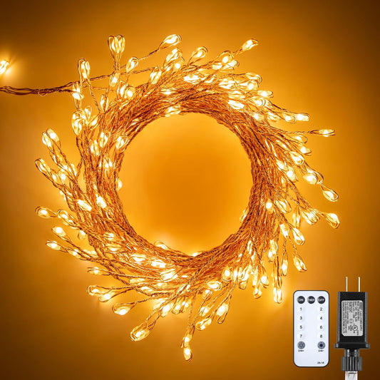 10Ft 200LED Plug In Copper Wire Cluster Firecracker Firefly Lights, 8 Modes, Warm White