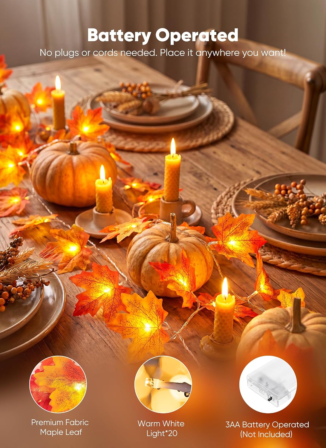 2Pack Total 20Ft 40LED Battery Operated Fall Garland with Lights for Halloween Autumn Fall Decor