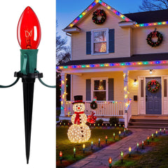 Christmas Pathway Lights with C9 Incandescent Bulbs on Green Wire