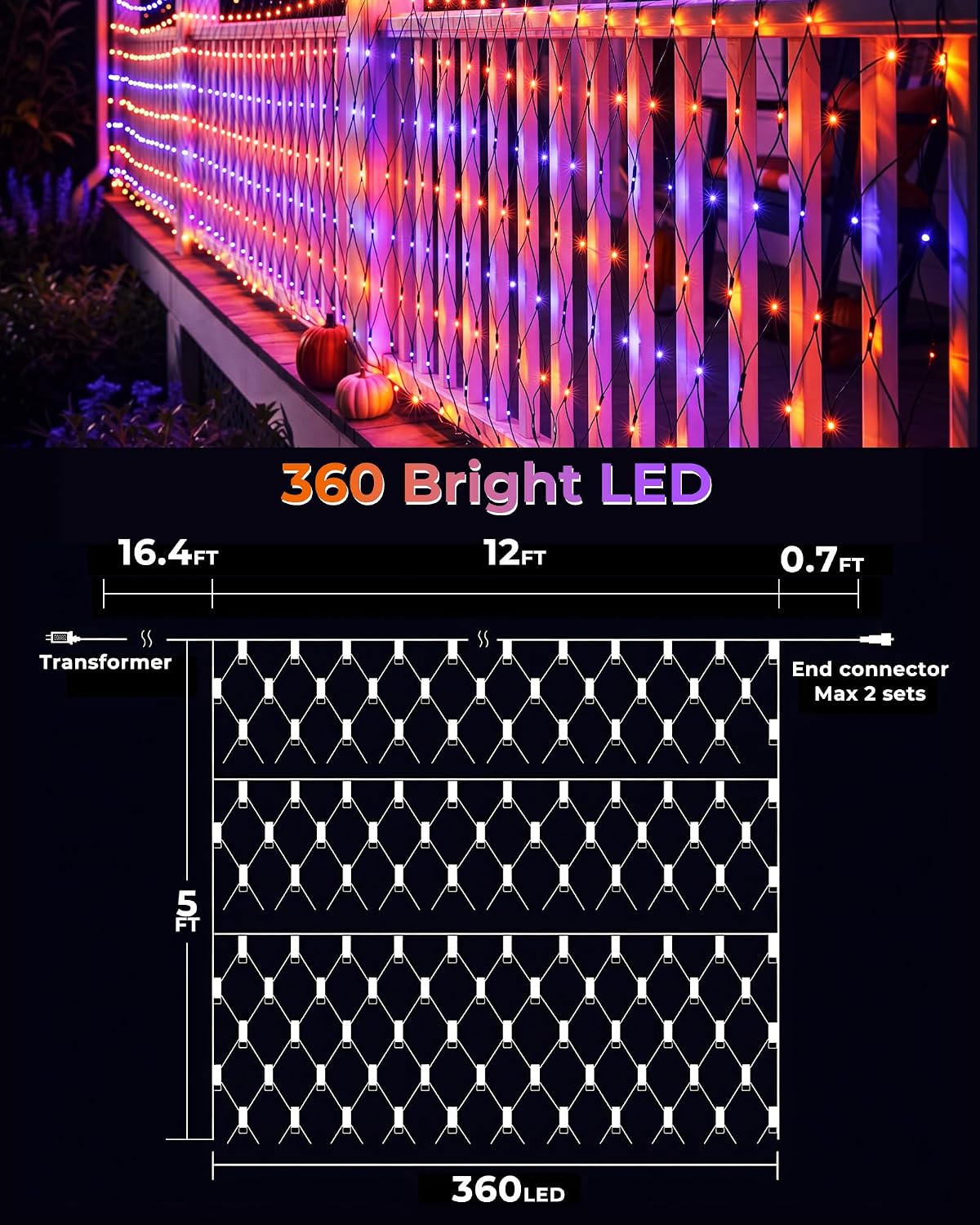 2 Pack 12×5FT 360 LED Halloween Net Lights Outdoor, 12 Light Modes & Timer, Orange & Purple