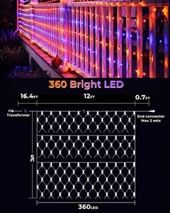 2 Pack 12×5FT 360 LED Halloween Net Lights Outdoor, 12 Light Modes & Timer, Orange & Purple