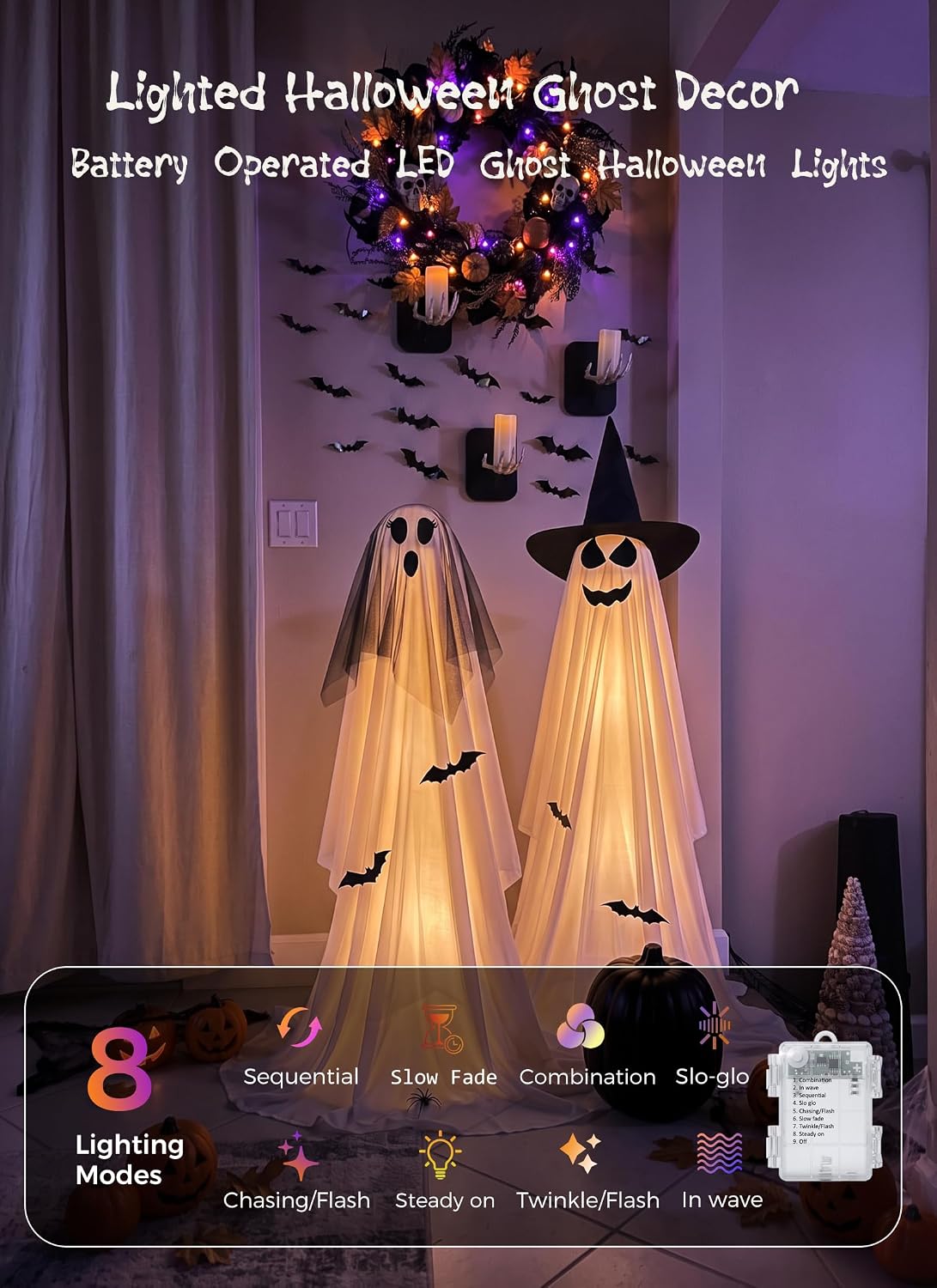 2 Pack Battery Operated Light Up Halloween Veil & Witch Hat Ghosts Decorations Outdoor
