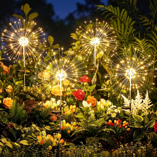 4 Pack 150 LED Firework Solar Powered Stake Lights for Garden Yard Pathway, Warm White
