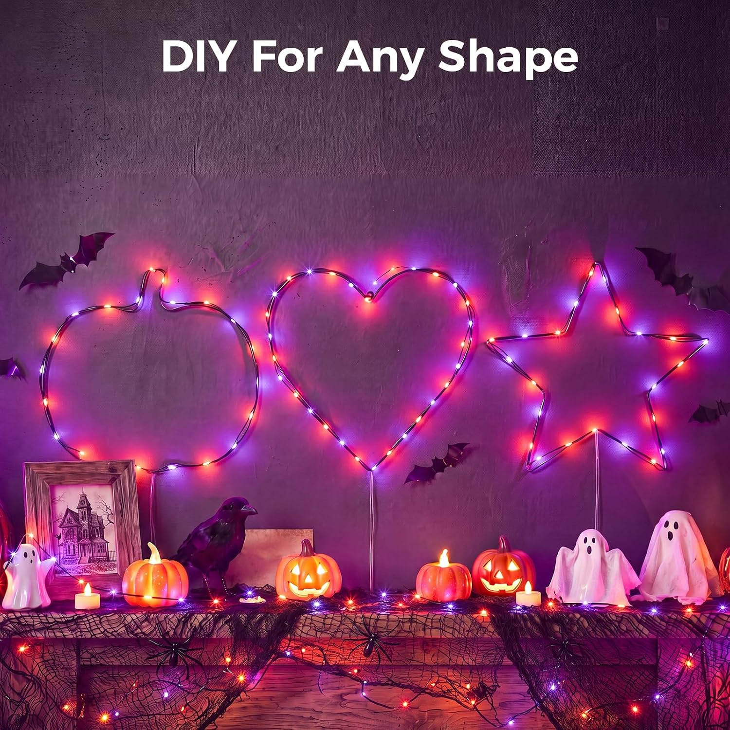 2Pack 16.4FT 50 LED Battery Operated String Light for Halloween Haunted House Party, Orange Purple