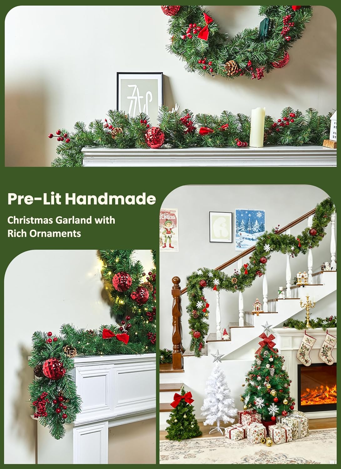 9FT Christmas Garland with Lights, Battery Operated, 100 LED White Lights, 8 Modes, Timer