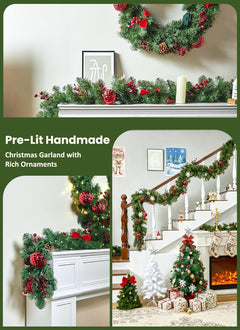 9FT Christmas Garland with Lights, Battery Operated, 100 LED White Lights, 8 Modes, Timer