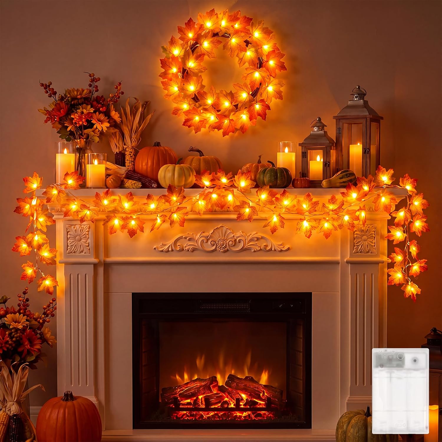 2Pack Total 20Ft 40LED Battery Operated Fall Garland with Lights for Halloween Autumn Fall Decor
