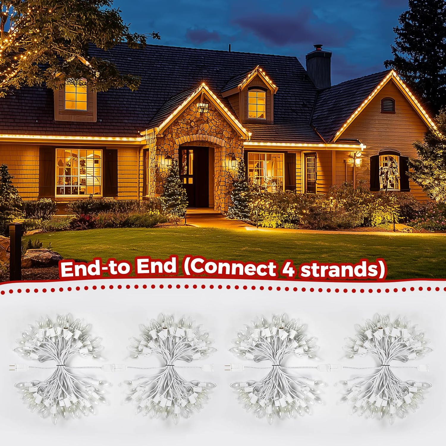 25Ft Plug in 25 Warm White C9 LED Bulbs String Lights for Christmas Pathway, White Wire