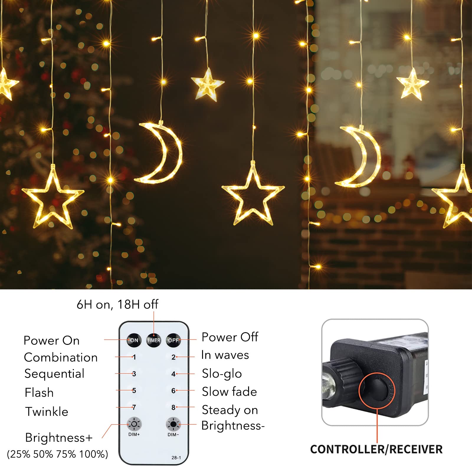 Plug In 18ft 138 LED 12 Star Moon Drops Christmas Window Lights with Remote, 8 Modes, Warm White