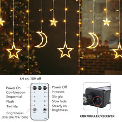 Plug In 18ft 138 LED 12 Star Moon Drops Christmas Window Lights with Remote, 8 Modes, Warm White