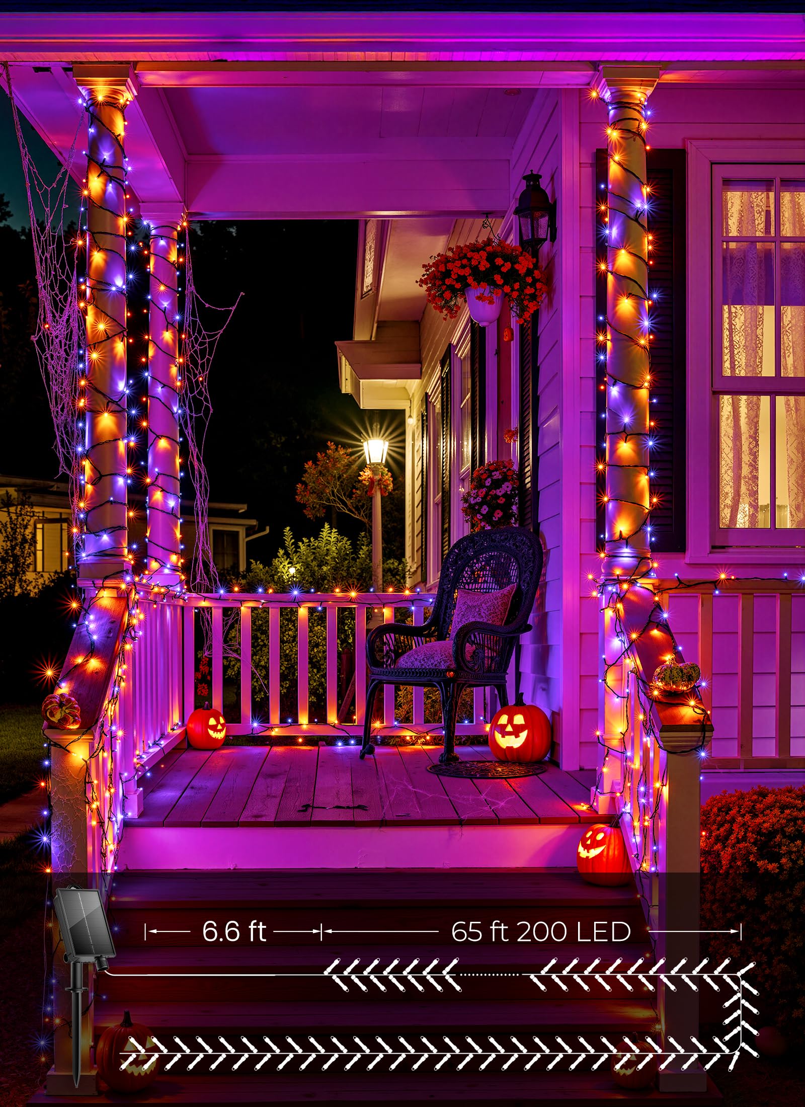 2 Pack Total 144ft 400 LED Solar Powered String Lights Outdoor, Orange & Purple, 8 Modes