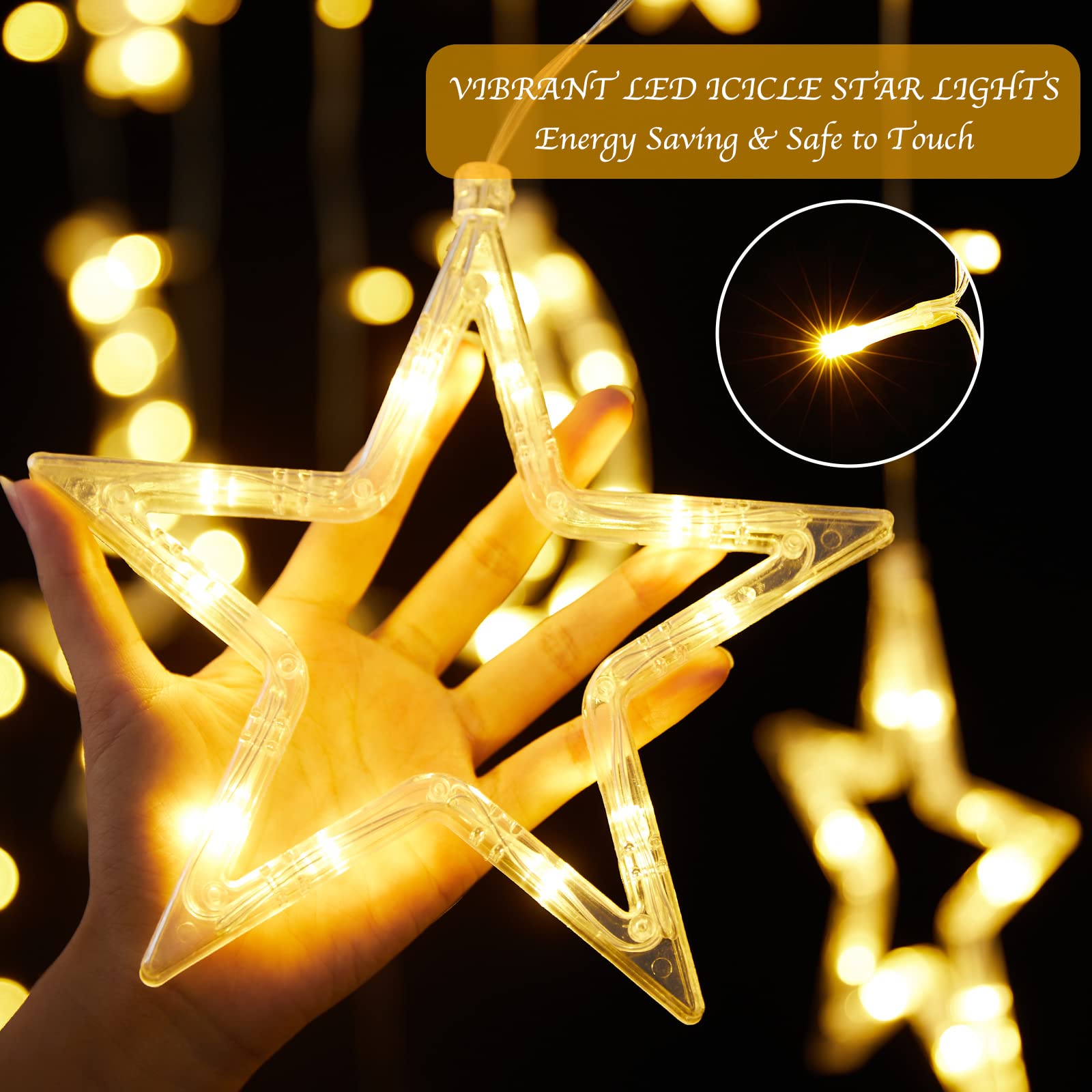 Plug In 18ft 138 LED 12 Star Moon Drops Christmas Window Lights with Remote, 8 Modes, Warm White