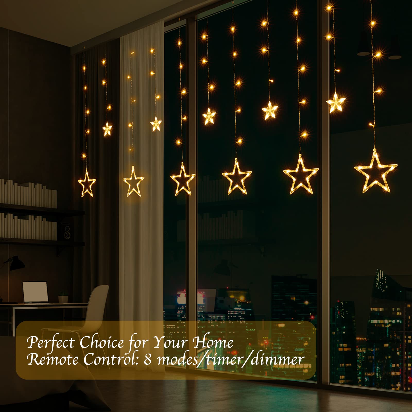 Plug In 9ft 138 LED 12 Star Drops Christmas Window Lights with Remote, 8 Modes, Warm White