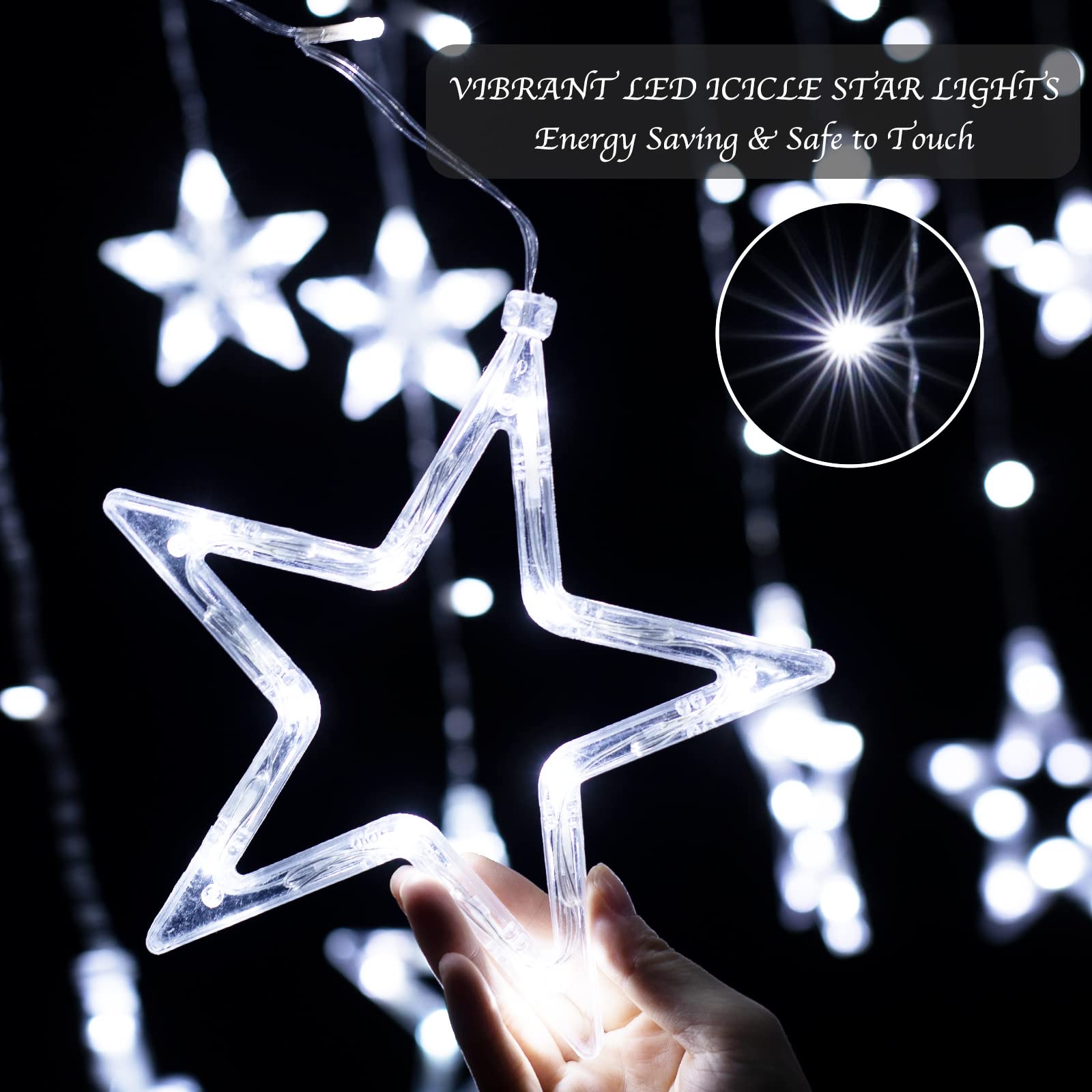 Plug In 9ft 138 LED 12 Star Drops Christmas Window Lights with Remote, 8 Modes, White