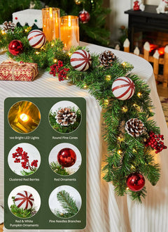 9FT Christmas Garland with Lights, Battery Operated Lighted Garland, 100 LED White Lights, 8 Modes, Timer