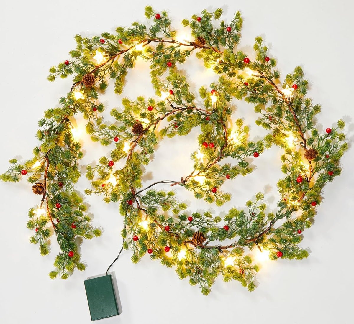 Christmas Garland with Lights, Battery Operated, 6 Ft 20 LED Lighted Pine Leaves Garland, 2 Pack
