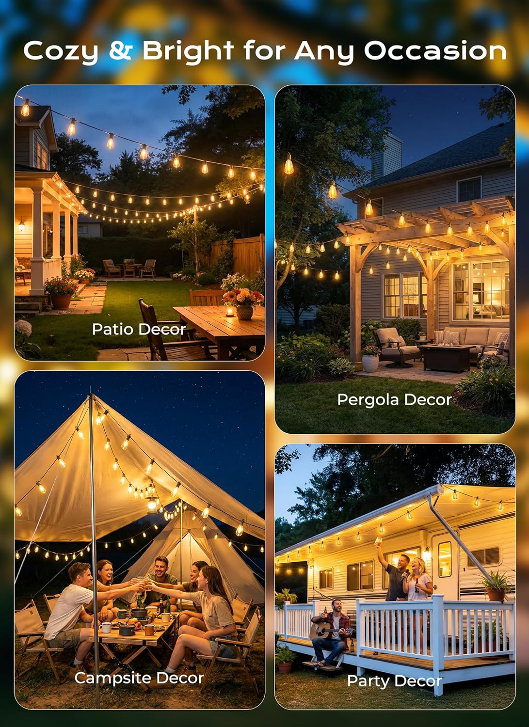 37FT Solar Powered 10+1 LED ST38 Bulbs String Lights Outdoor, 3 Light Modes