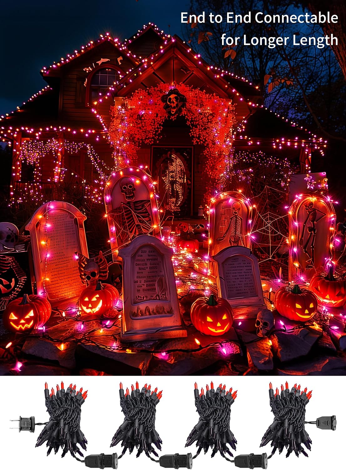 2Pack 10Ft 50 LED Plug in Mini Bulbs String Light for Halloween Haunted House Party, Orange & Purple