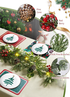 Pre-lit Christmas Garland with Lights, 6 Feet 20 LED Battery Operated Lights with Pine Cones, Berry, Eucalyptus Leaves, Indoor Door