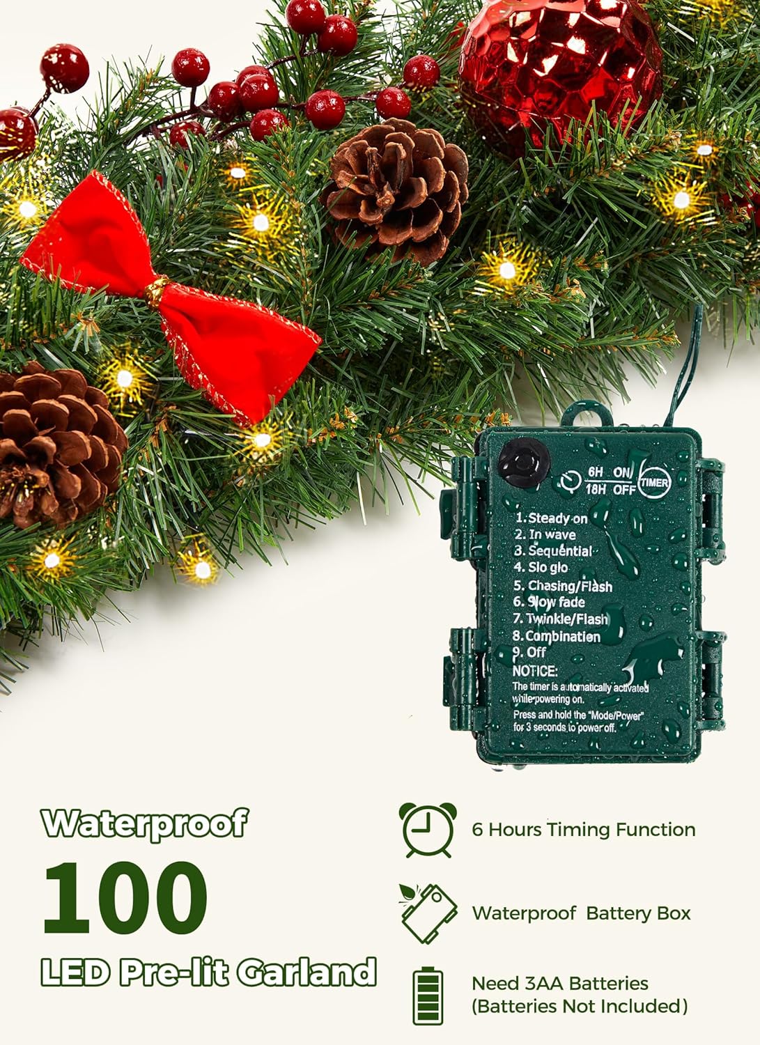 9FT Christmas Garland with Lights, Battery Operated, 100 LED White Lights, 8 Modes, Timer