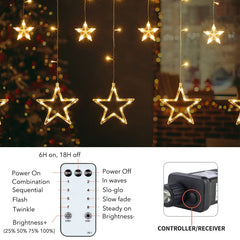 Plug In 9ft 138 LED 12 Star Drops Christmas Window Lights with Remote, 8 Modes, Warm White
