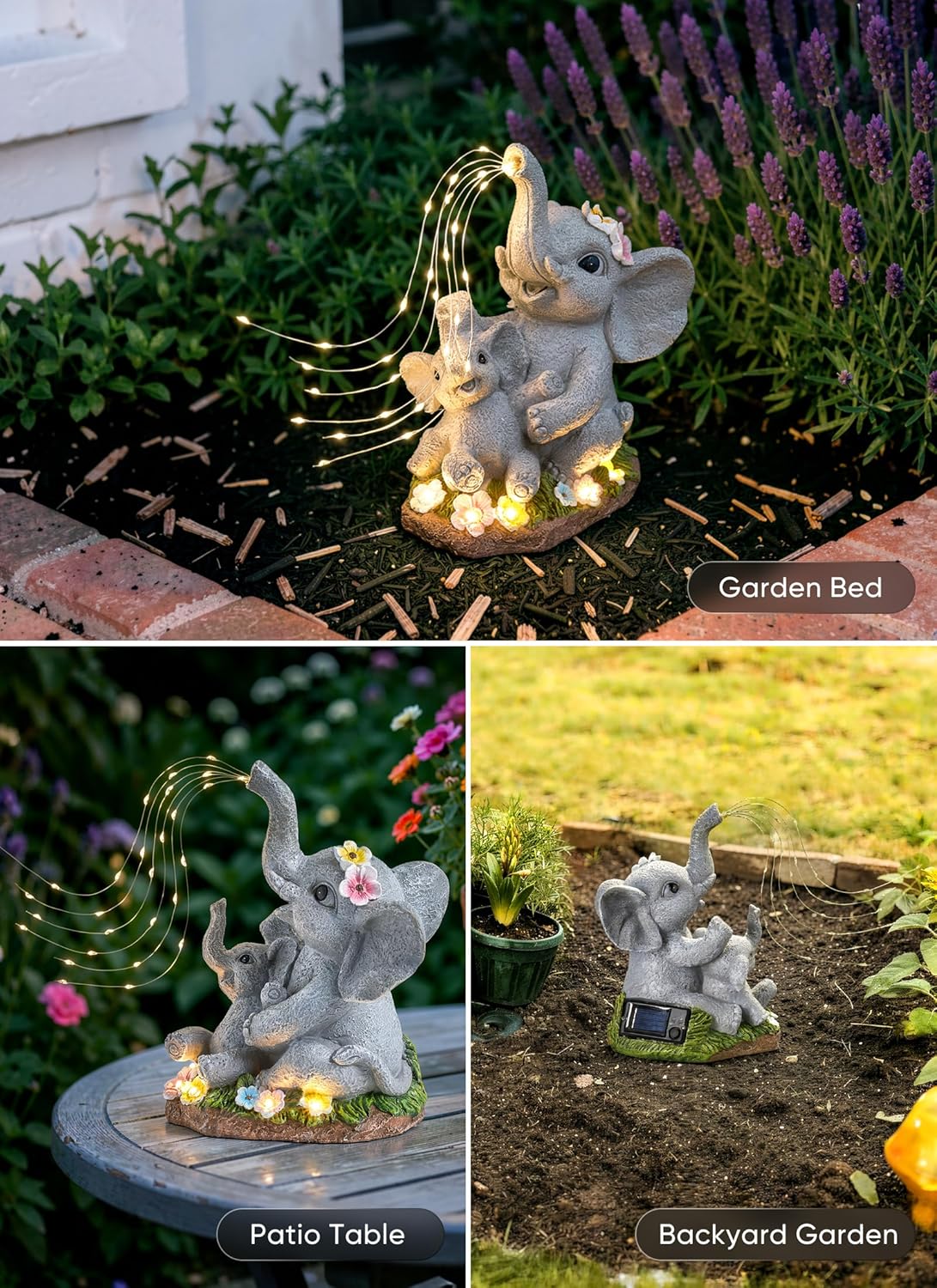 Solar Powered Elephant Statue with DIY LED & 5 Succulent LED Lights for Garden Backyard Decor
