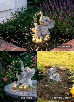 Solar Powered Elephant Statue with DIY LED & 5 Succulent LED Lights for Garden Backyard Decor