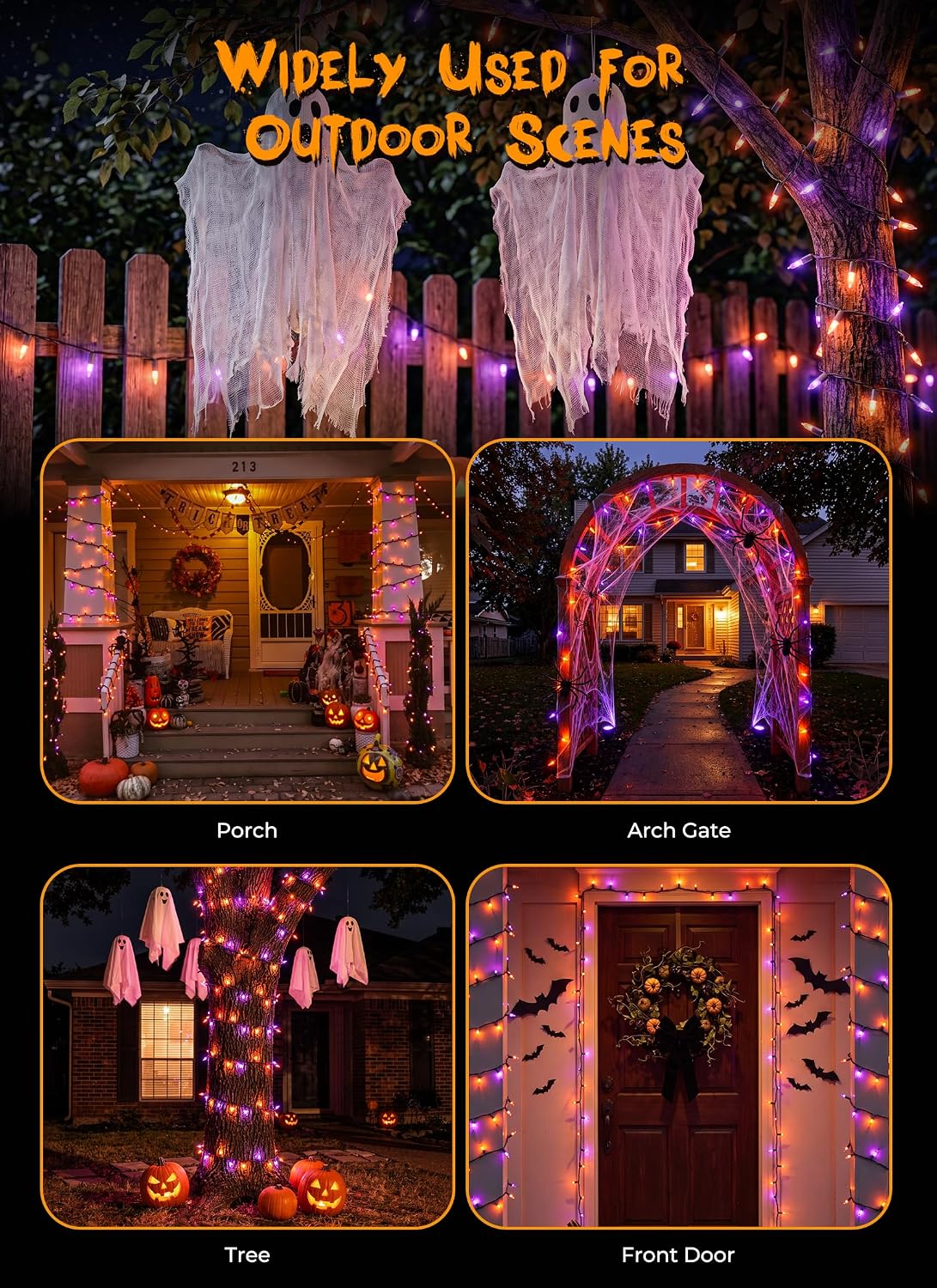 2Pack 35.6FT 100LED Battery Operated Mini Orange Purple Lights for Halloween Party Haunted House, 8 Modes