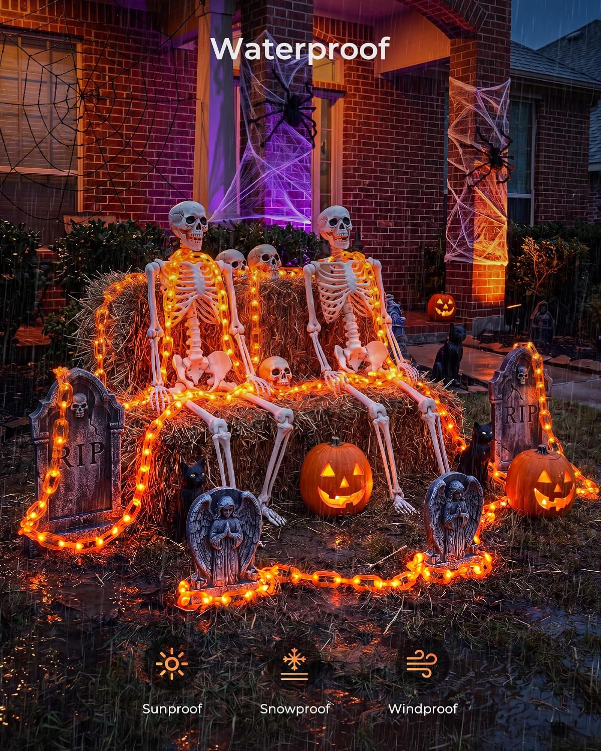 2Pack 10ft Battery Operated 88 Led Chain Orange Lights with 8 Lighting Modes for Halloween Decorations
