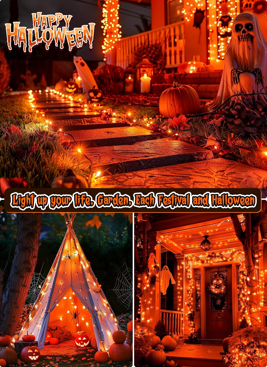10Ft 50 LED Plug in Mini Bulbs String Light for Halloween Haunted House Party, Orange