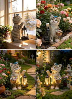 Solar Powered Cat Statue with Lantern Light & Flower Basket for Garden Backyard Decor