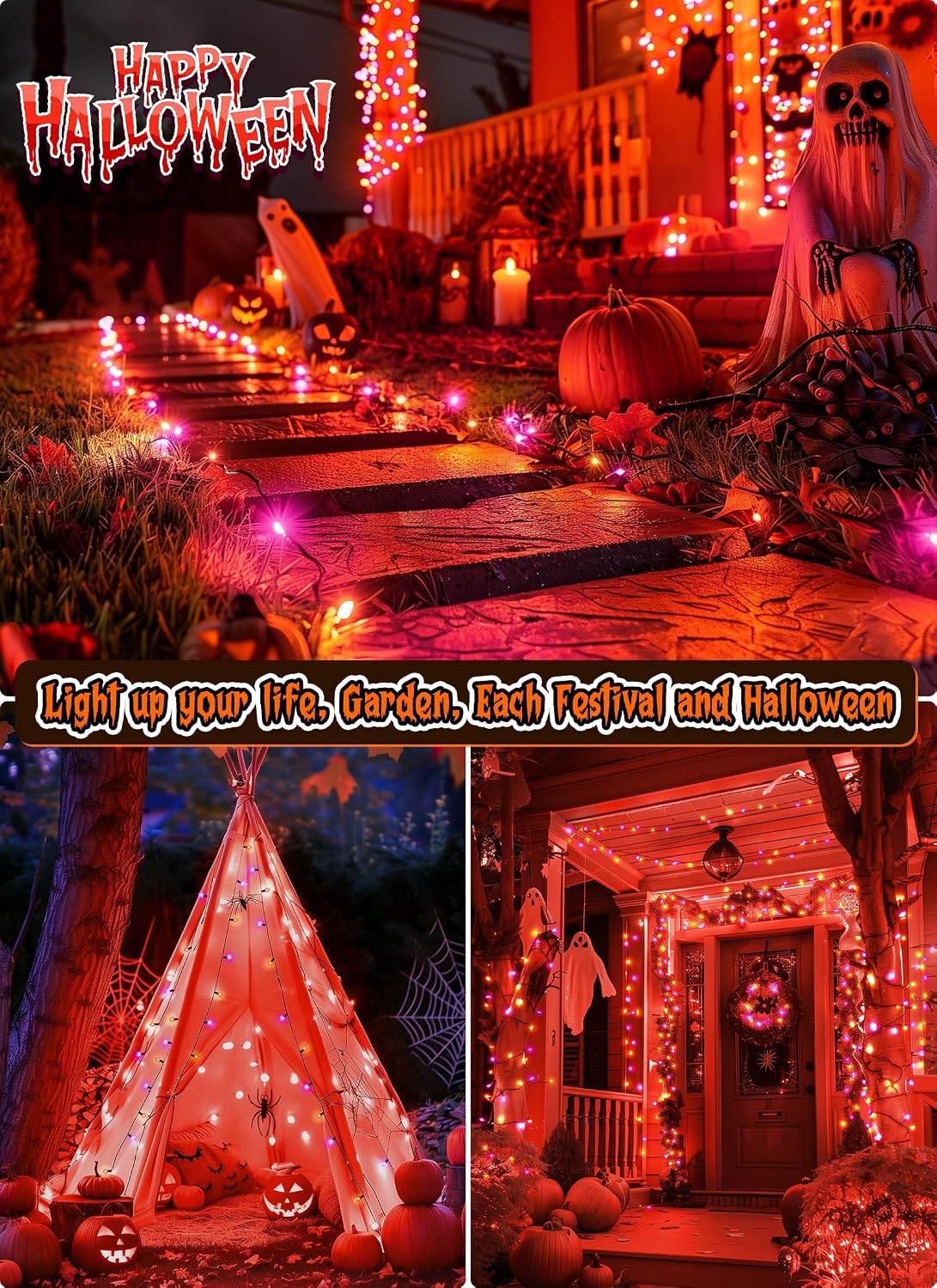 2Pack 10Ft 50 LED Plug in Mini Bulbs String Light for Halloween Haunted House Party, Orange & Purple