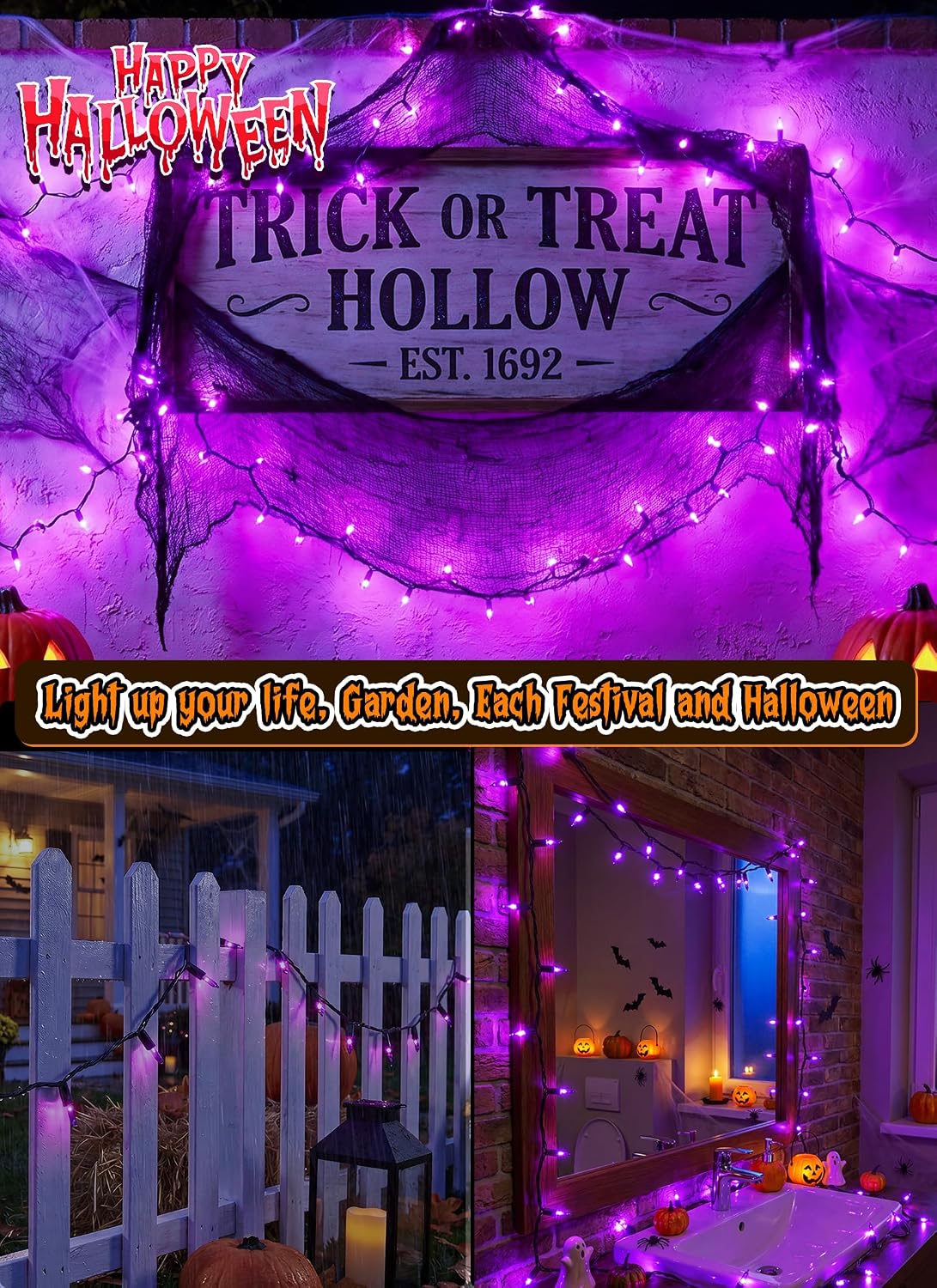 10Ft 50 LED Plug in Mini Incandescent Bulbs String Light for Halloween Haunted House Party, Purple