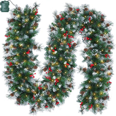 Christmas Garland with Lights, 9ft 100LED Battery Operated Garland Decorated with Pine Cones, Berry, 8 Light Modes & Timer