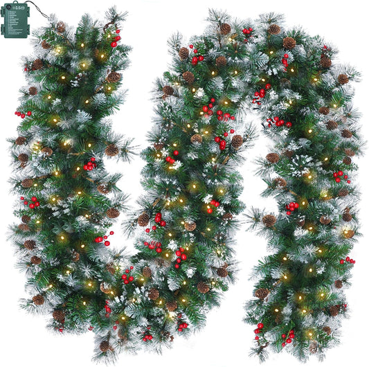 Christmas Garland with Lights, 9ft 100LED Battery Operated Garland Decorated with Pine Cones, Berry, 8 Light Modes & Timer