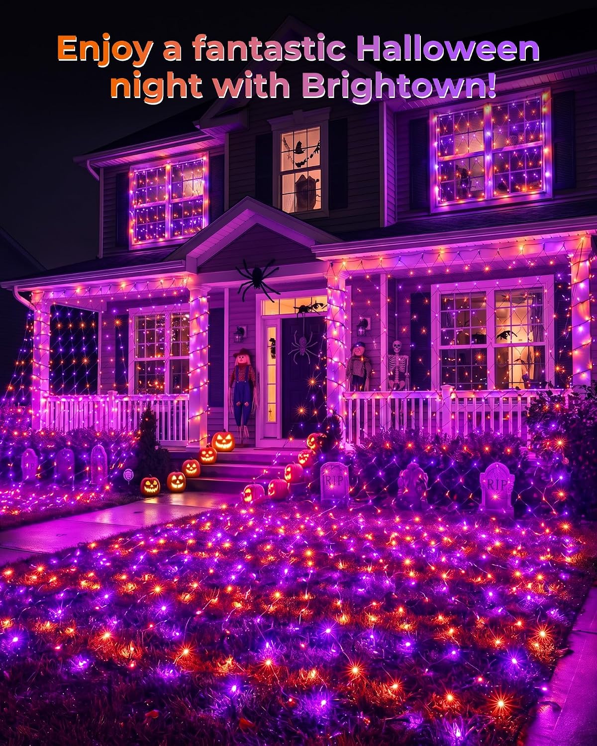 2 Pack 12×5FT 360 LED Halloween Net Lights Outdoor, 12 Light Modes & Timer, Orange & Purple