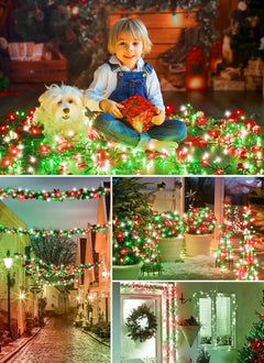 2 Pack Total 80FT 200 LED Solar Lights with 8 Modes for Christmas Decoration, Red Green & White