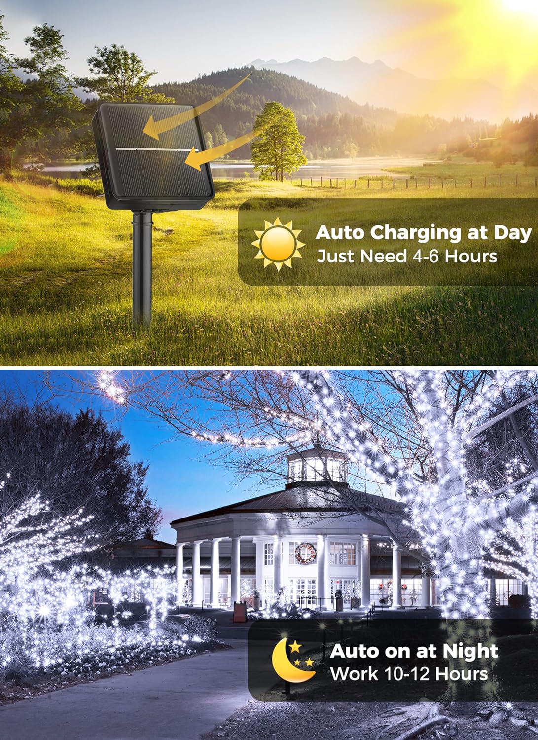 40FT 100 LED Solar Powered Outdoor String Lights with 8 Lighting Modes for Xmas Tree, Cool White