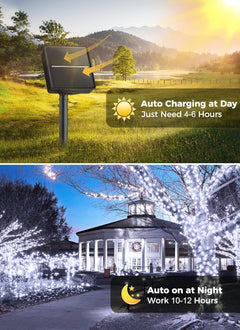 40FT 100 LED Solar Powered Outdoor String Lights with 8 Lighting Modes for Xmas Tree, Cool White