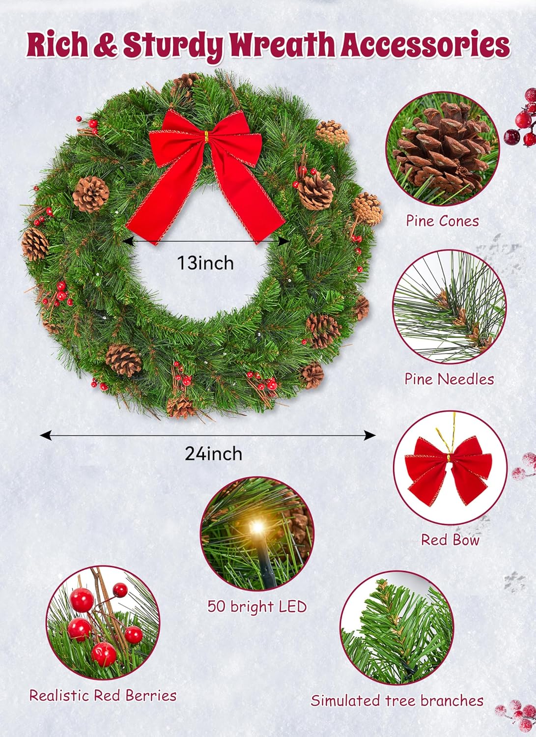 Brightown 24 Inch Pre-Lit Christmas Wreaths for Front Door, IP44 Battery Operated 50 LED Christmas Wreath, Decor with Pinecones Pine Needles Branches Red Berry Mini Bow for Front Door Wall Window